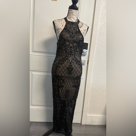 Privy Sequin Mesh Bodycon Prom Dress Black/Nude Halter Size M - Picture 3 of 12